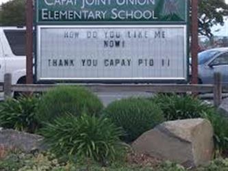 A sign that reads how do you like me now! Thank you Capay PTO